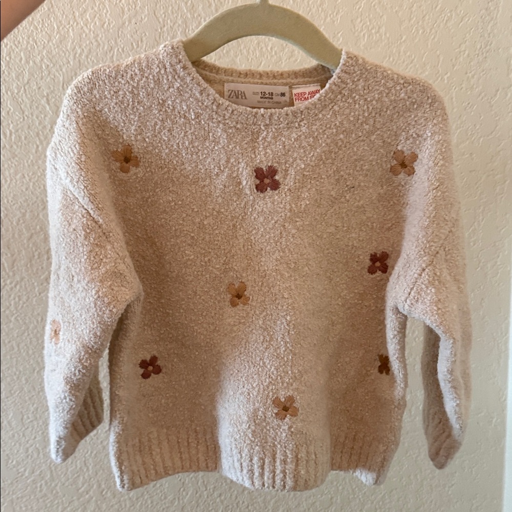 Zara Cream Bouclé Crewneck Sweater with Tiny Floral Motifs